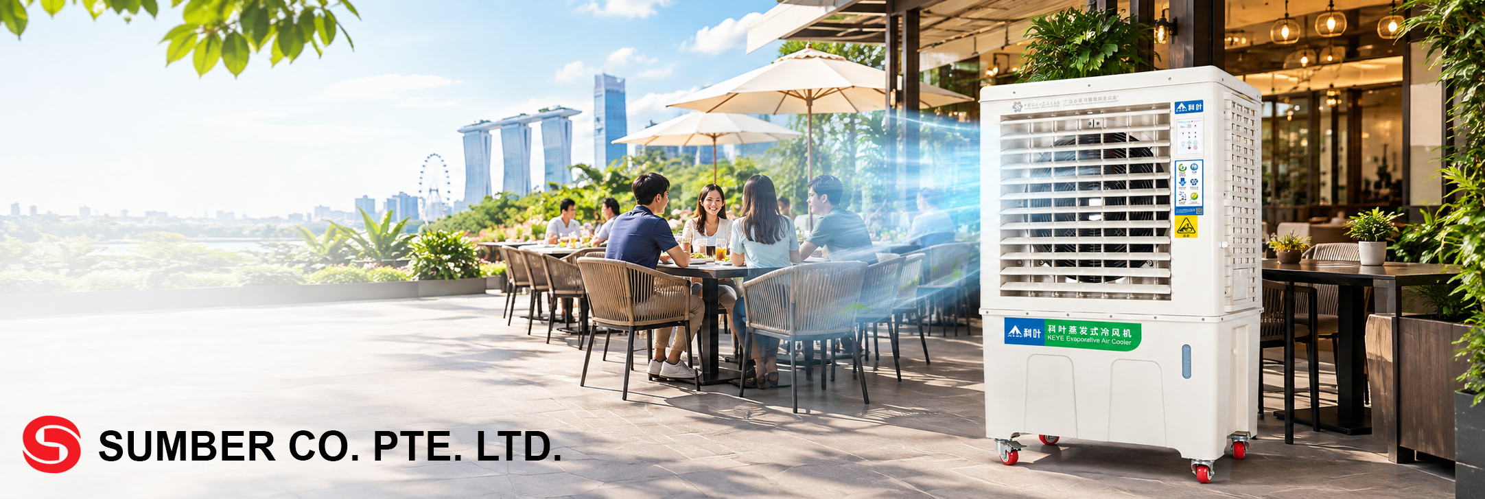 Evaporative air cooler in a Singapore alfresco dining setting